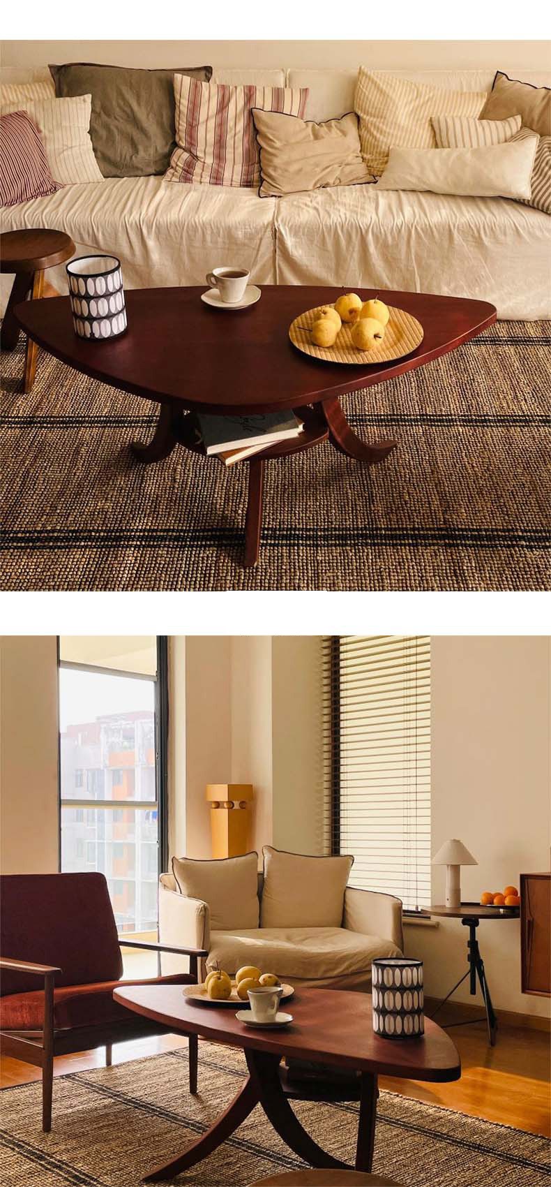 Two living room views of the Chunsh solid wood coffee table