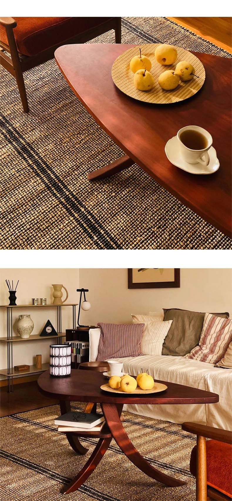 Chunsh coffee table tabletop detail and front view beside a cream sofa