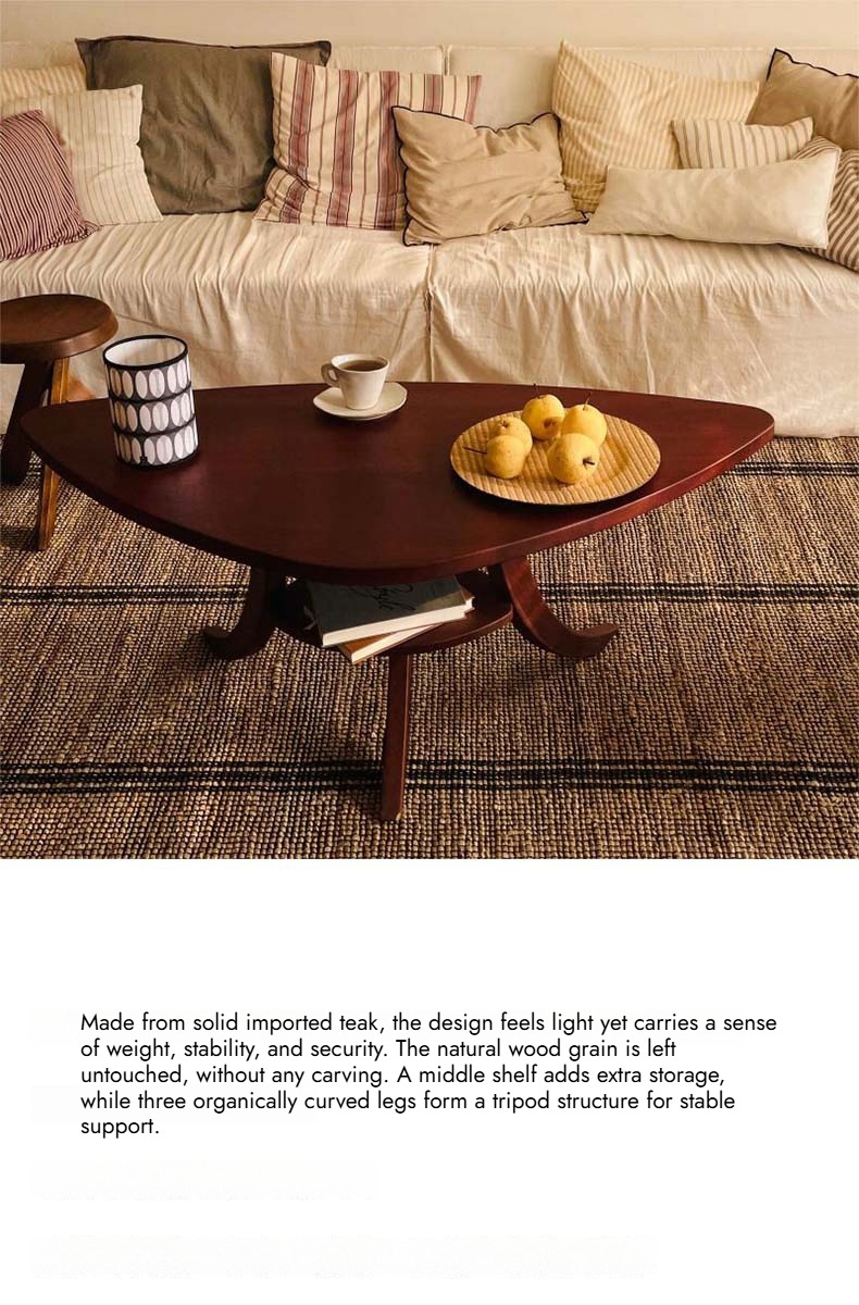 Chunsh triangular coffee table with a lower shelf and curved tripod legs