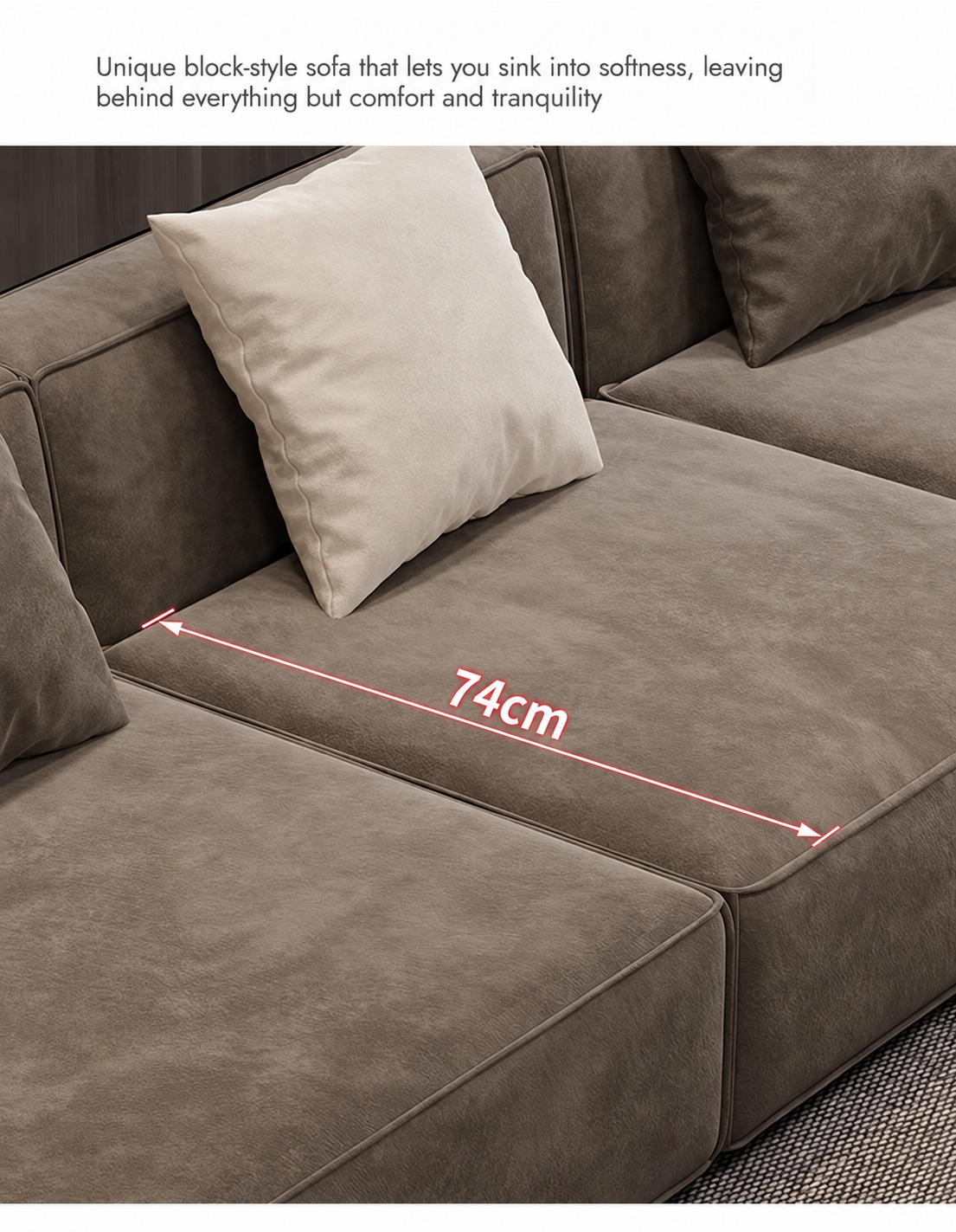 Close-up of Cubist sofa cushions with a 74 cm seat-depth annotation