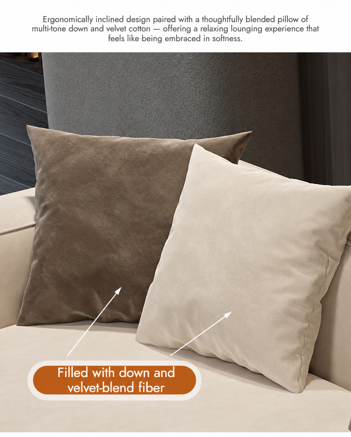 Brown and cream Cubist scatter cushions with filling annotations