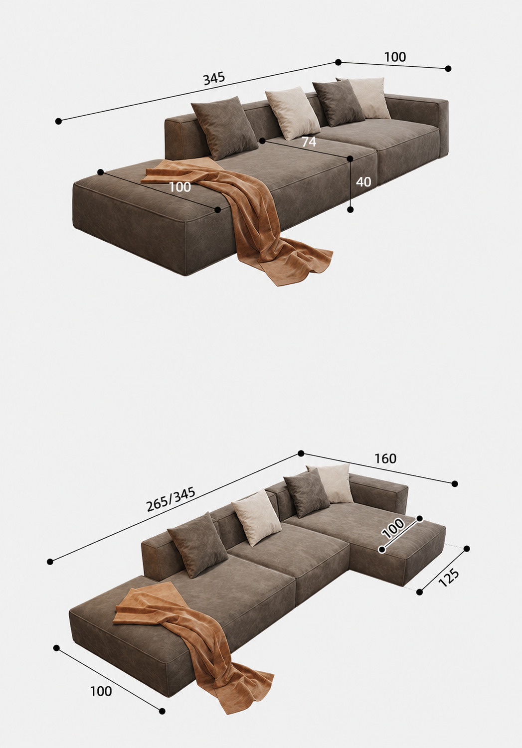 Cubist straight and corner sofa dimension diagrams with labelled measurements