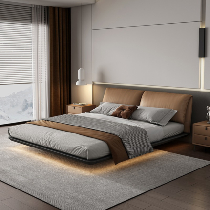 Reposa bed with a tan two-cushion headboard and warm lighting beneath the dark frame
