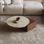 Bunise Natural Travertine & Marble Coffee Table Wabi-Sabi Style for Living Room Walnut/Carbon Black Colors Free Nationwide Delivery