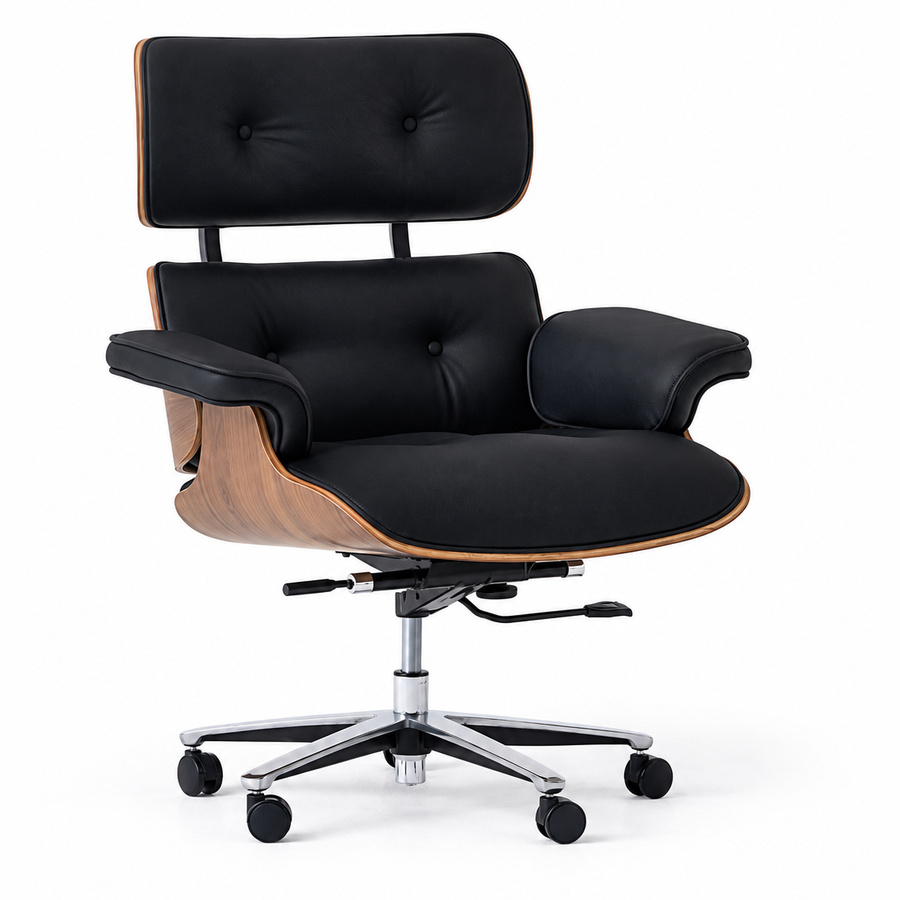 Valen executive office chair Thailand in black leather with walnut shell