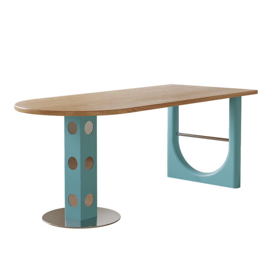 Half-oval ash dining table with a blue-green geometric base on a white background