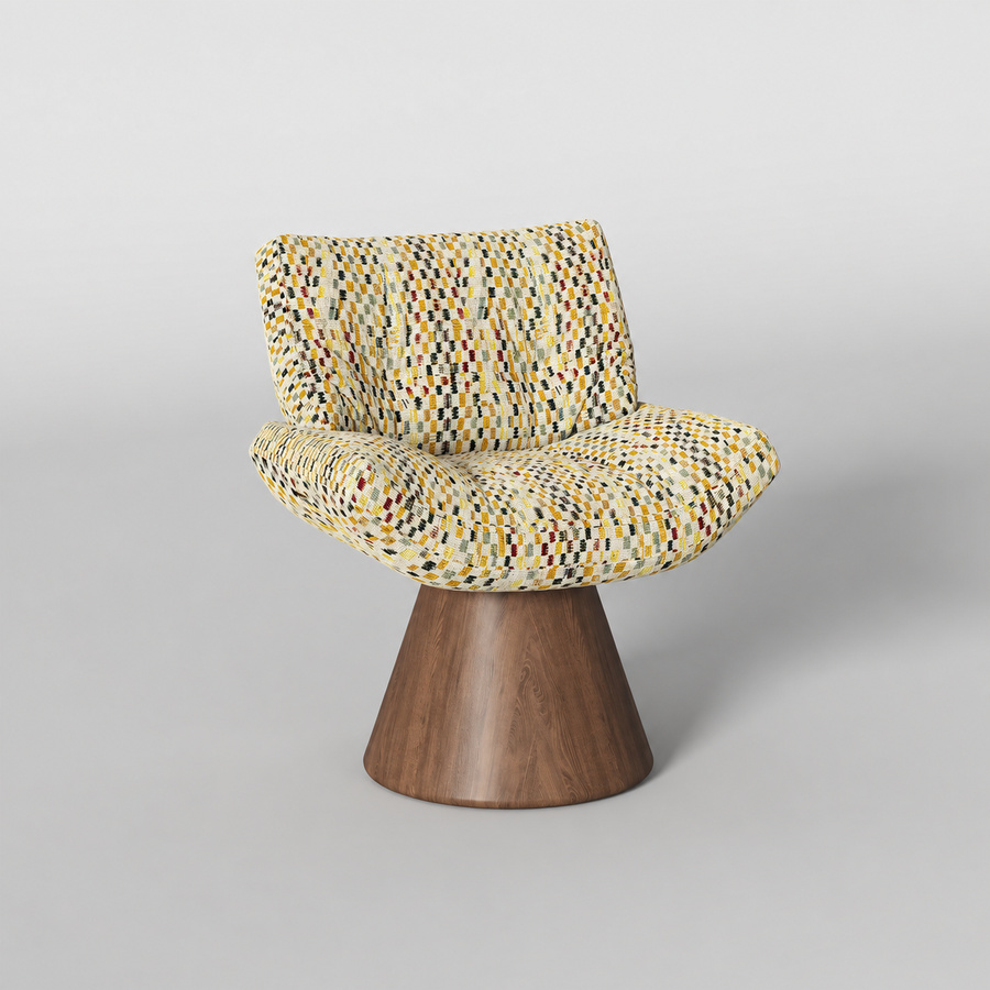 Mira swivel vanity chair in multicolor patterned upholstery with a walnut-colored conical wood base