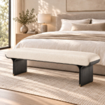 AI-generated lifestyle visualization of the complete Sylva bench with cream upholstery and dark charcoal oak base in a bedroom