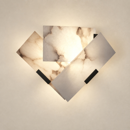 Sera sculptural wall light with layered translucent panels and sand-black supports, AI illustration