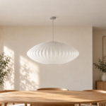 AI-generated design visualization: Avela Saucer Pendant Lamp in a dining setting; final configuration subject to confirmation