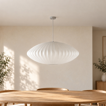 AI-generated design visualization: Avela Saucer Pendant Lamp in a dining setting; final configuration subject to confirmation