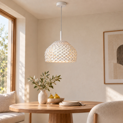 Ivara Lattice Pendant Lamp, complete white lattice fixture above a breakfast table