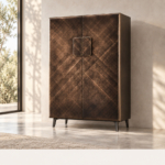 Aureon Tall Sideboard with bronze-toned diagonal doors and paired central handles in a living room