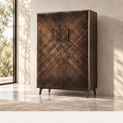 Aureon Tall Sideboard with bronze-toned diagonal doors and paired central handles in a living room