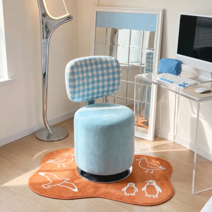 Landi blue vanity stool with blue and white gingham backrest in a dressing area