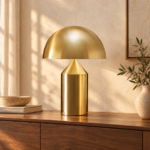Orel Sculptural Table Lamp on a walnut console — AI interior design visualization