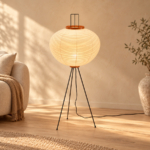 Kinu Paper Floor Lamp beside a linen chair — AI interior design visualization