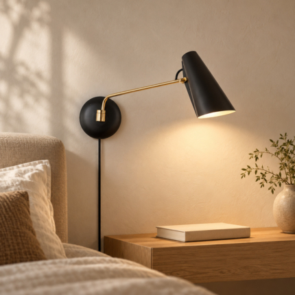 Varo Task Wall Lamp above a bedside table, black shade and gold-tone arm, AI design visualization