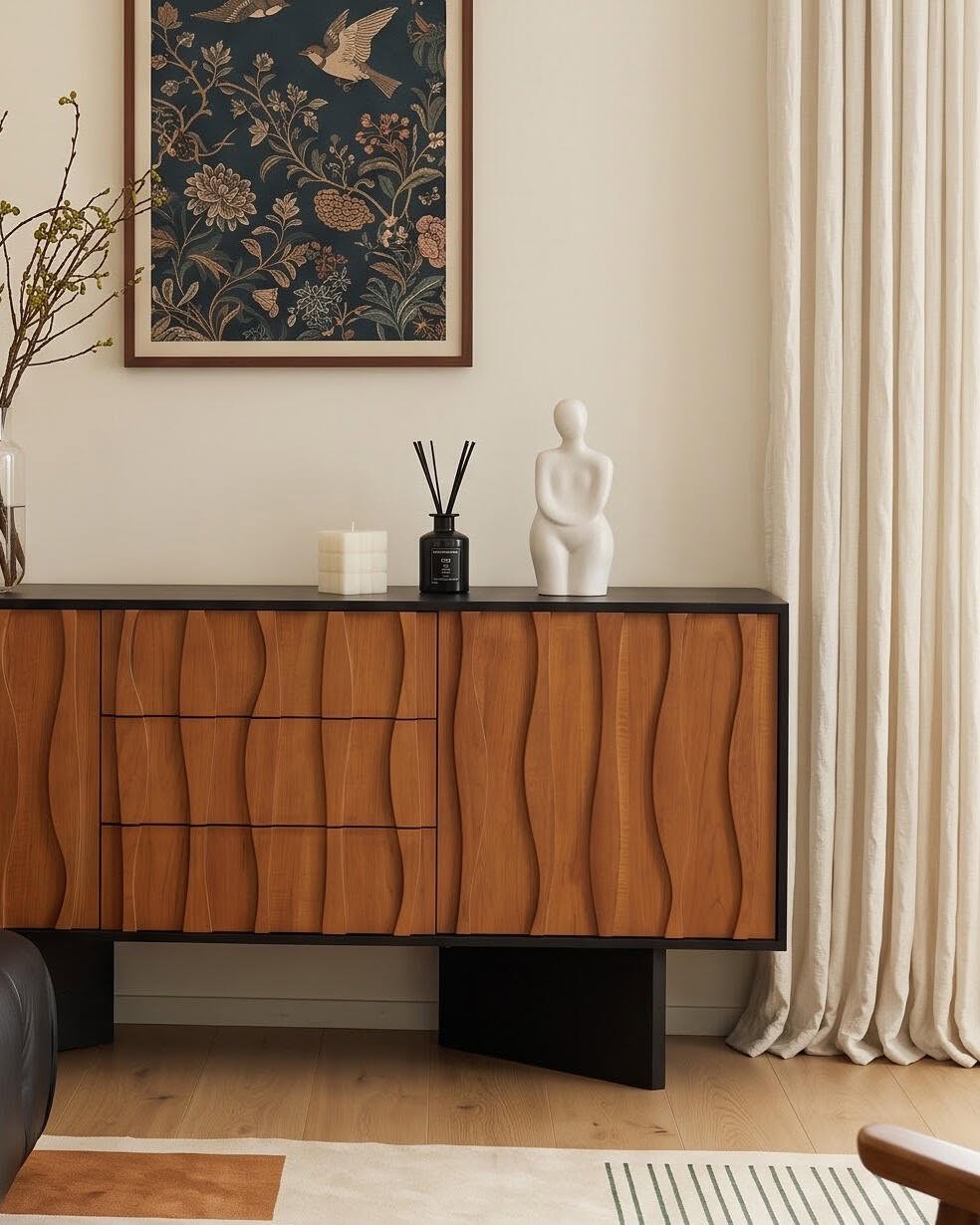 Right side of the wave-front sideboard showing the black geometric base.