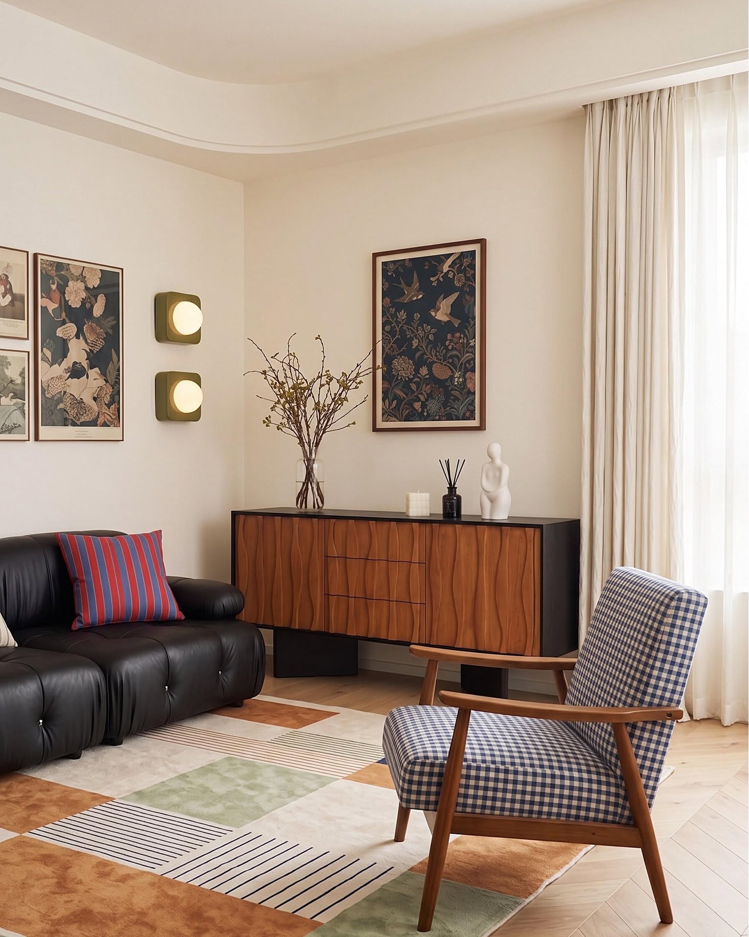 Wave-front sideboard shown in a living room with a sofa and patterned armchair.