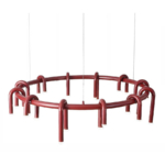 Wine-red Arcus circular chandelier with U-shaped light arms on a white background