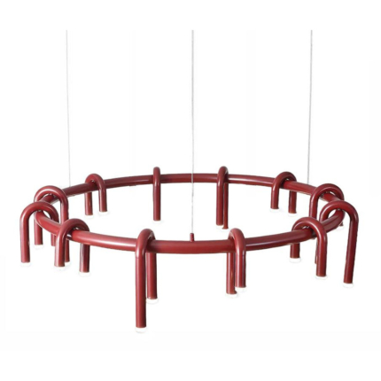 Wine-red Arcus circular chandelier with U-shaped light arms on a white background