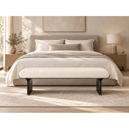 AI-generated bedroom visualization with the Sylva upholstered bench at the foot of a bed