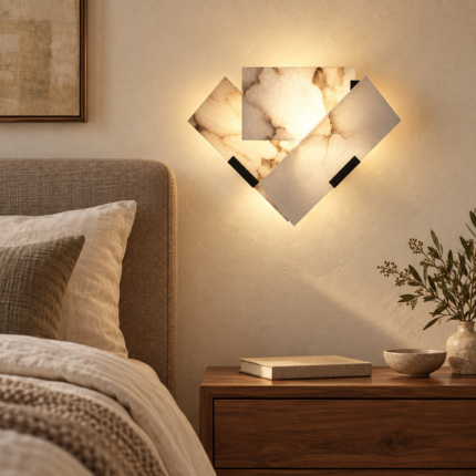Sera sculptural wall light above a walnut bedside table in a bedroom, AI interior visualization