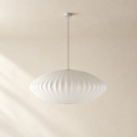 AI-generated design visualization: Avela Saucer Pendant Lamp, full product view; final configuration subject to confirmation