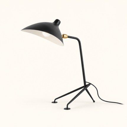 Nera Tripod Table Lamp, full black tripod silhouette with brass-coloured pivot