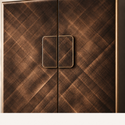 Aureon Tall Sideboard front detail with bronze-toned crossing pattern and paired handle