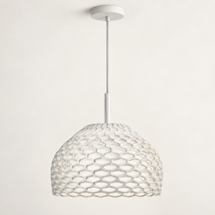 Ivara Lattice Pendant Lamp, complete white lattice dome with canopy and suspension line