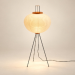 Kinu Paper Floor Lamp, rounded ribbed shade and three fine legs — AI design visualization