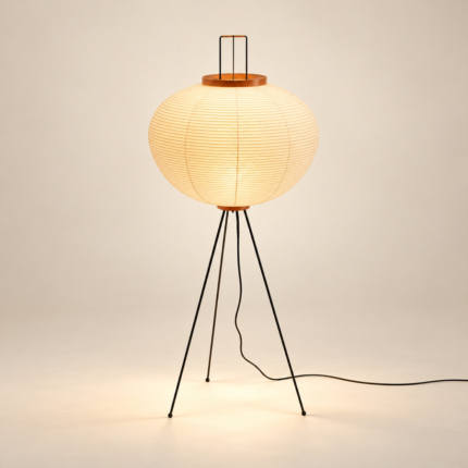 Kinu Paper Floor Lamp, rounded ribbed shade and three fine legs — AI design visualization