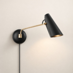 Varo Task Wall Lamp, black shade and gold-tone arm, studio form study, AI design visualization