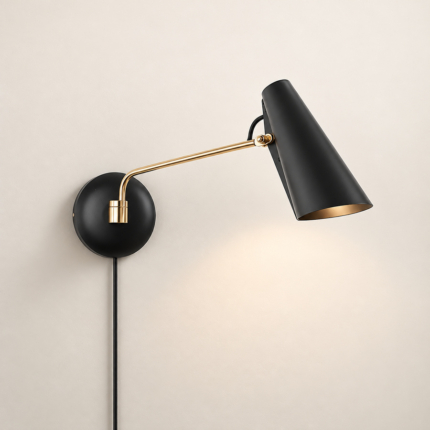 Varo Task Wall Lamp, black shade and gold-tone arm, studio form study, AI design visualization