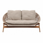 Woven teak outdoor two-seater sofa with light cushions