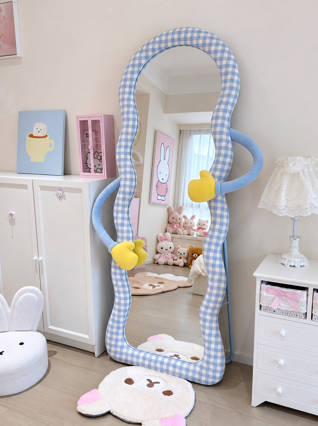 Hug Blue Gingham Floor Mirror with a wavy upholstered frame and yellow mitten accents