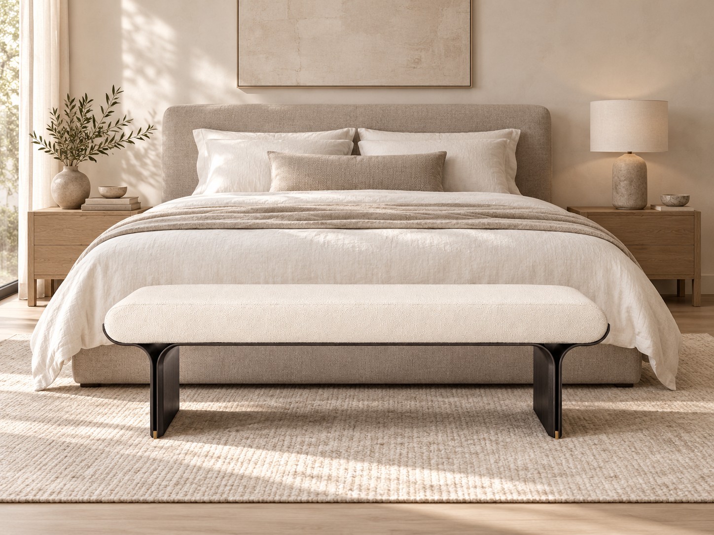 AI-generated bedroom visualization with the Sylva upholstered bench at the foot of a bed