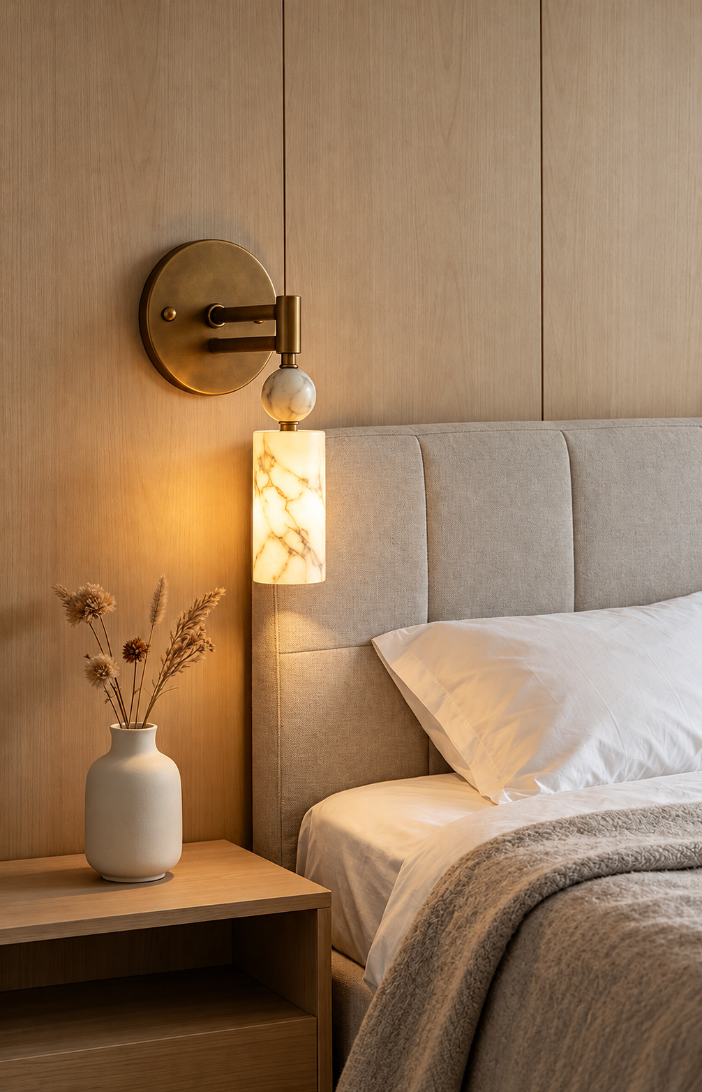 Cloud Stone Light wall lamp beside an upholstered bed