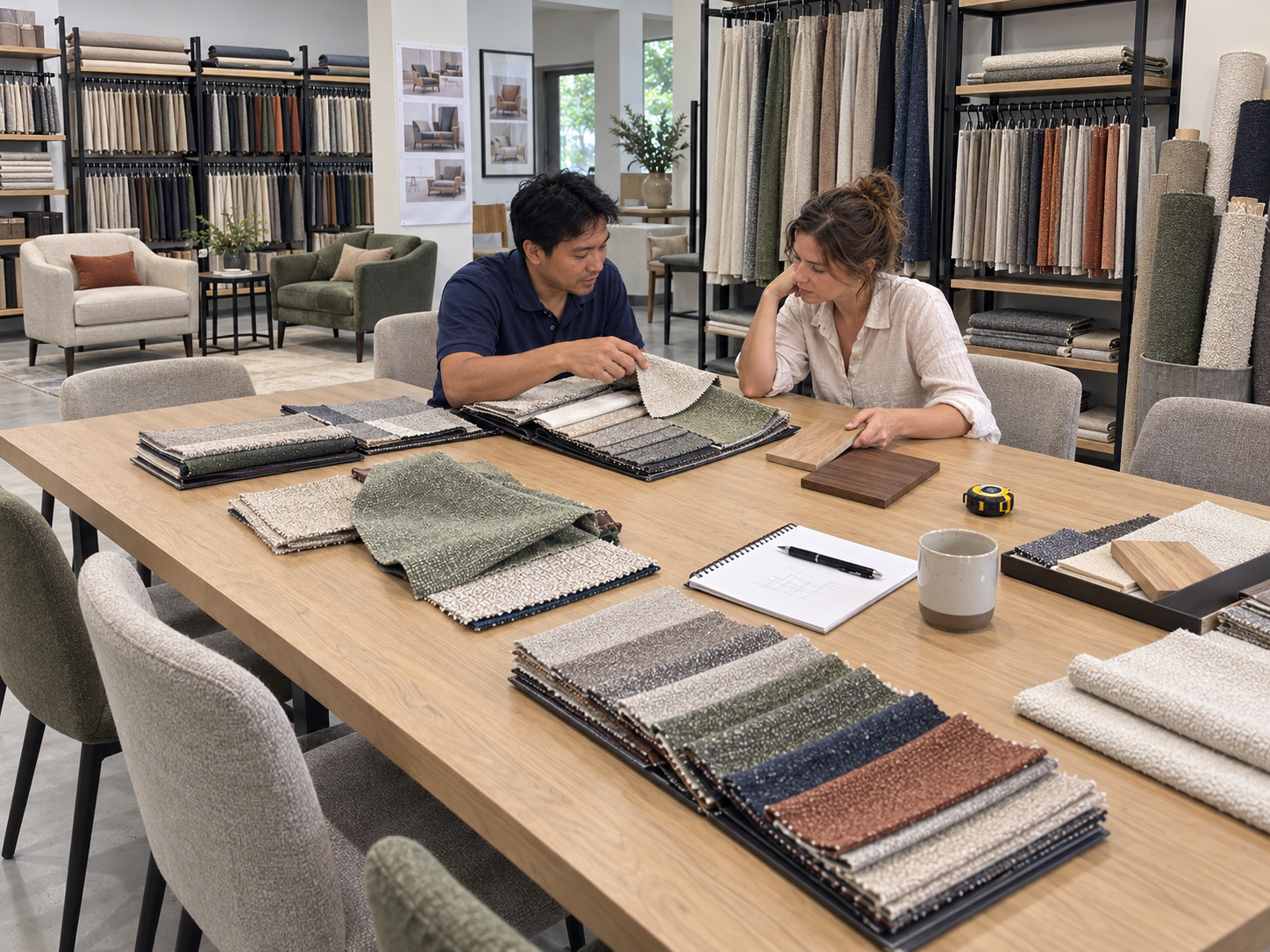 AI-generated concept illustration of a furniture consultant and client comparing upholstery fabrics and timber samples at a meeting table