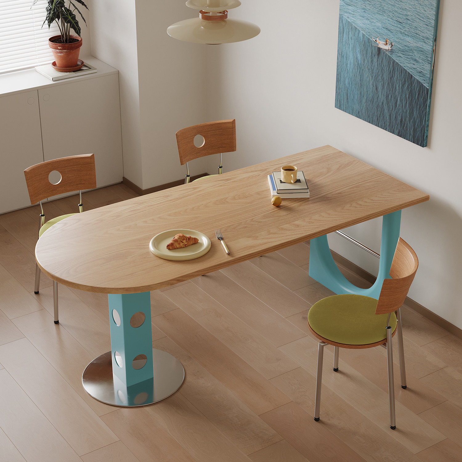 Half-oval ash dining table in a dining space