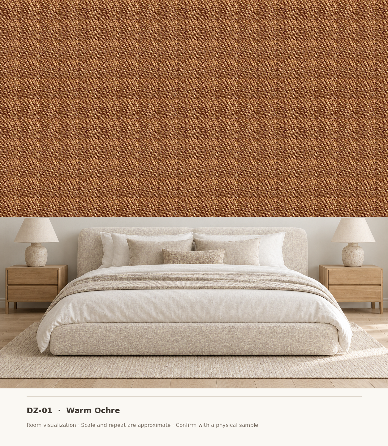 DZ-01 Warm Ochre original swatch pixels in a conceptual bedroom room layout
