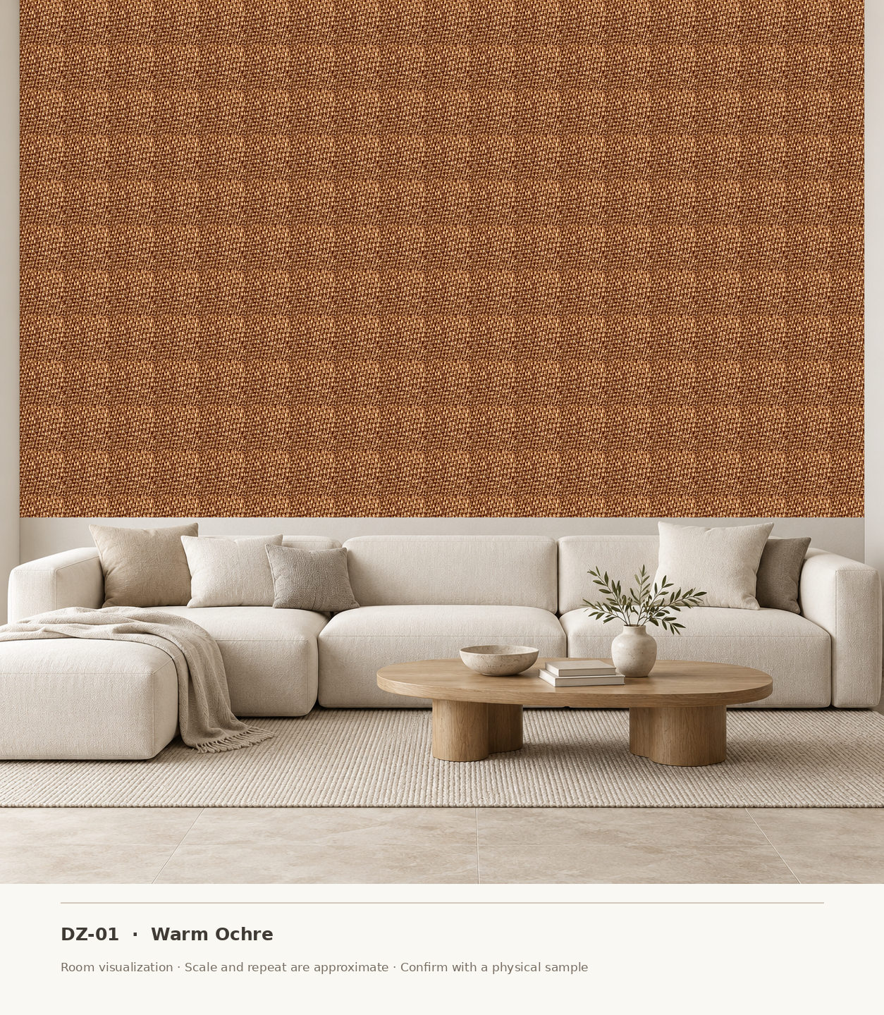 DZ-01 Warm Ochre original swatch pixels in a conceptual living room layout
