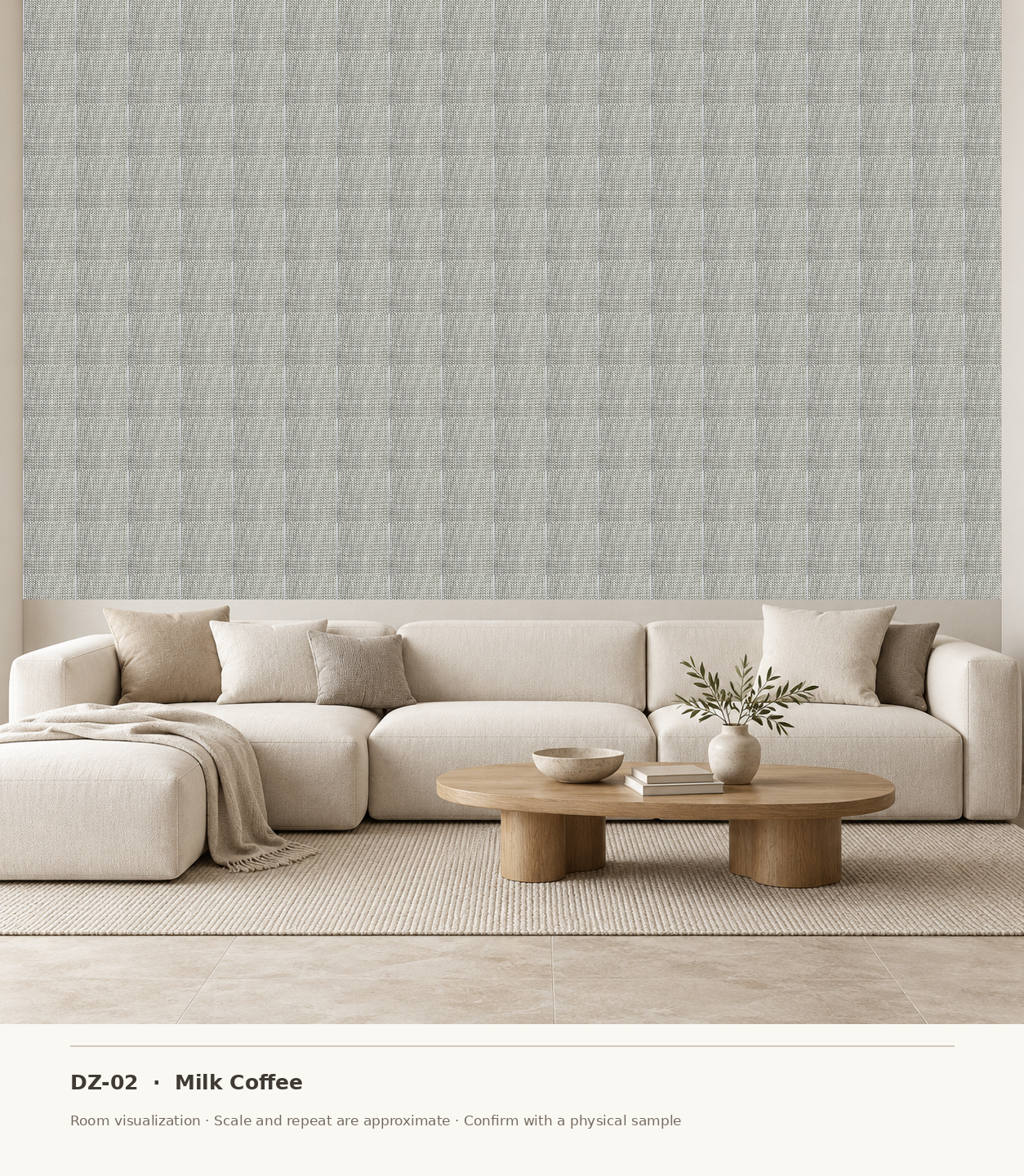 DZ-02 Milk Coffee original swatch pixels in a conceptual living room layout