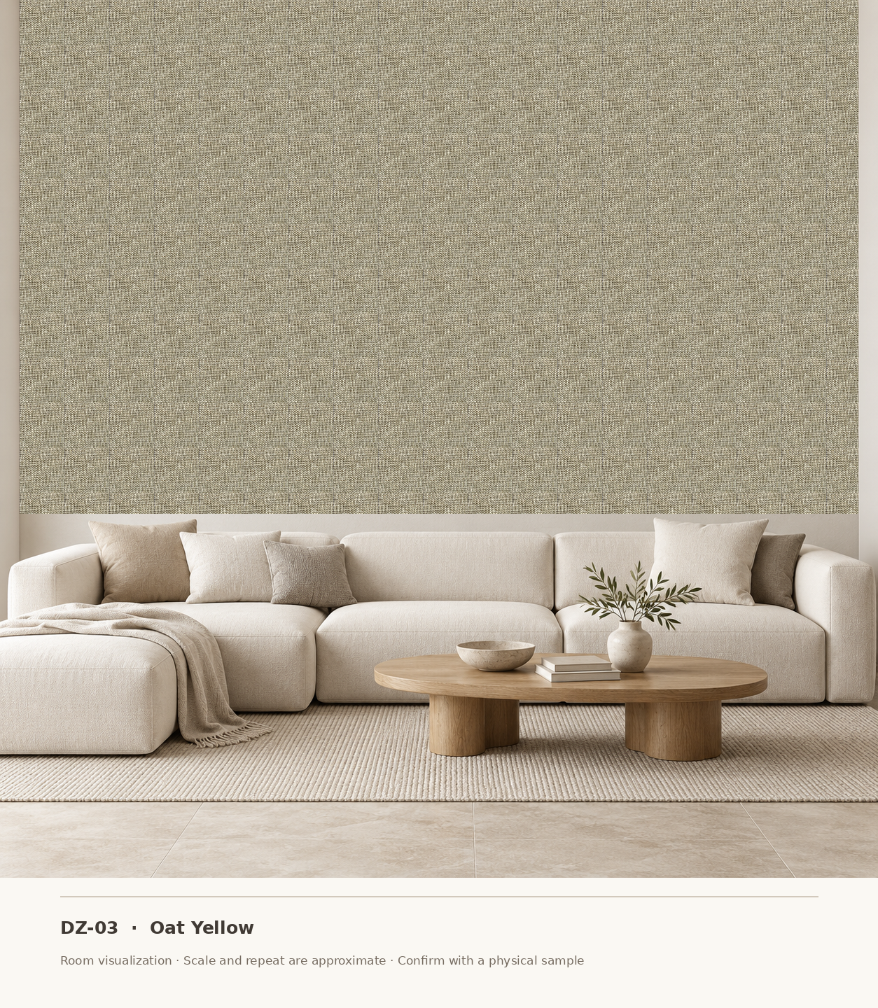 DZ-03 Oat Yellow original swatch pixels in a conceptual living room layout