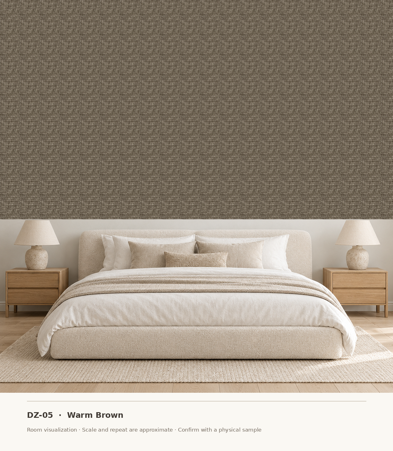 DZ-05 Warm Brown original swatch pixels in a conceptual bedroom room layout
