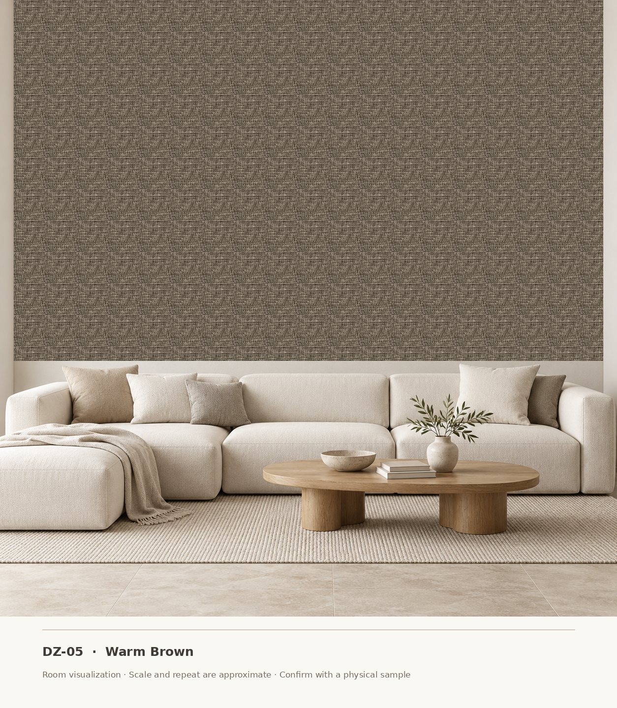 DZ-05 Warm Brown original swatch pixels in a conceptual living room layout