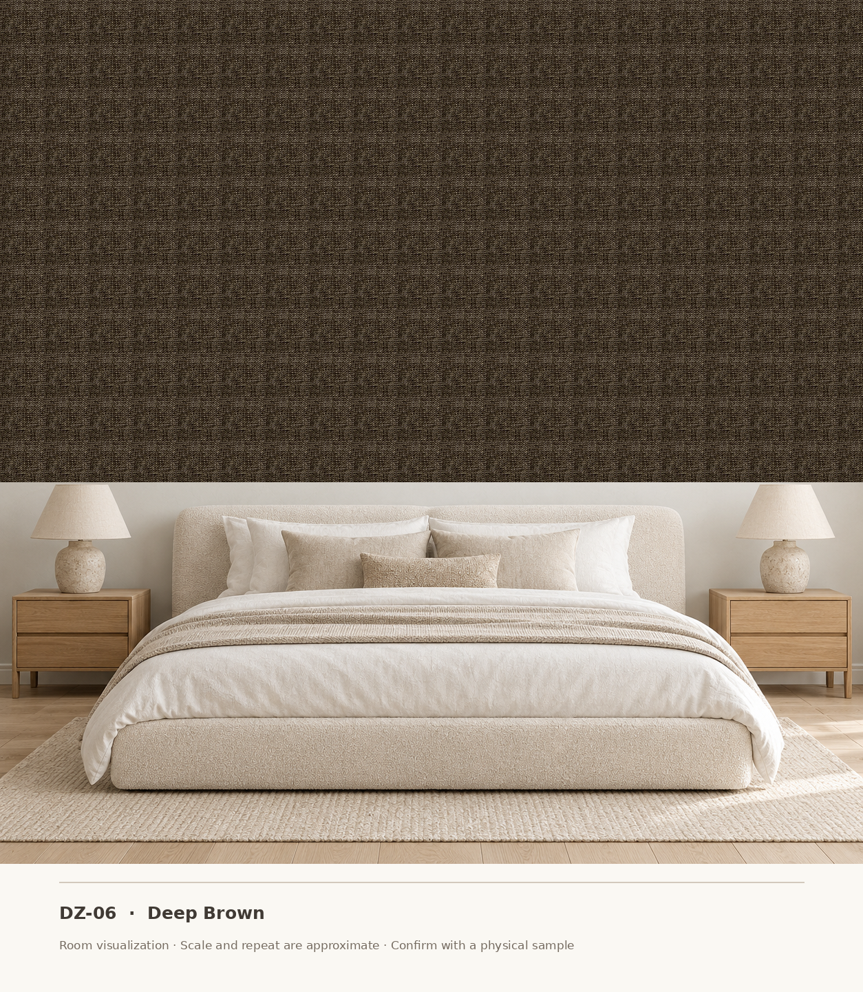 DZ-06 Deep Brown original swatch pixels in a conceptual bedroom room layout