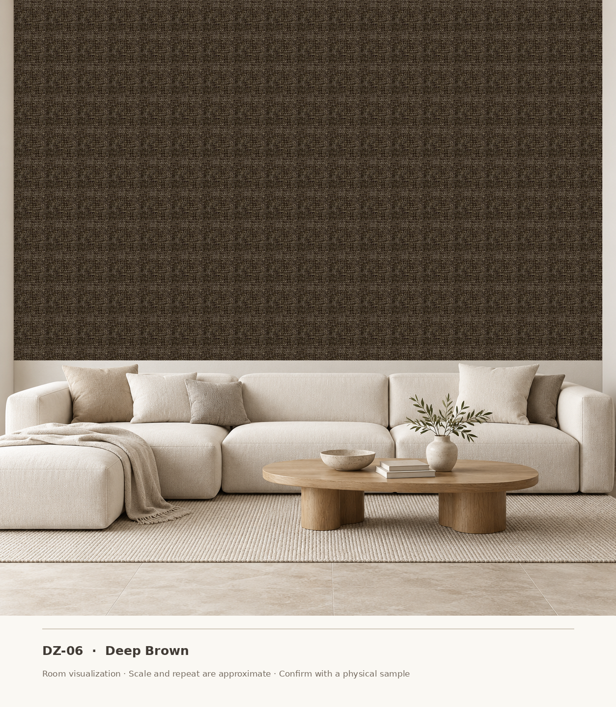 DZ-06 Deep Brown original swatch pixels in a conceptual living room layout